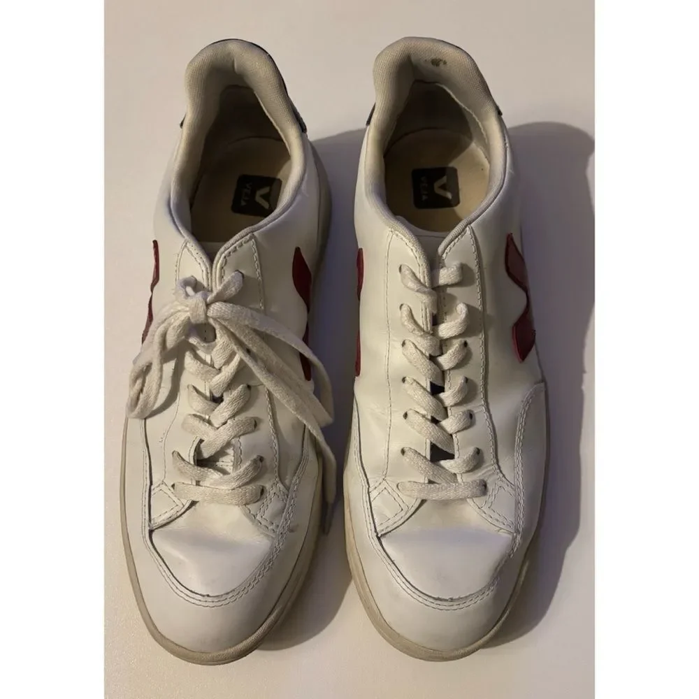 Veja V-12 Retro Low Top Leather Sneakers ~Extra White Marsala Nautico Size 11.5